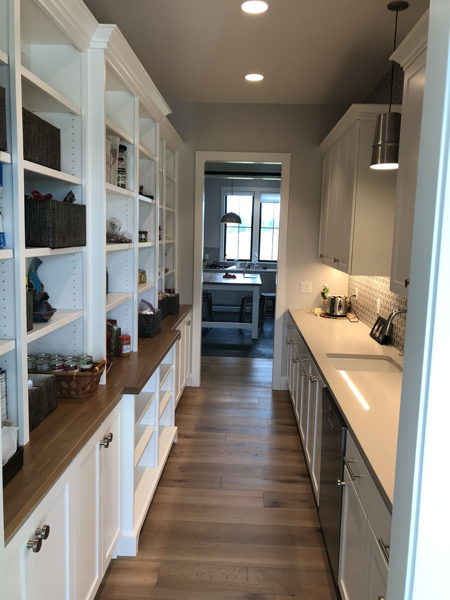 Walk-in pantry with floor-to-ceiling custom built-in shelving, pull-out drawers, and organized storage